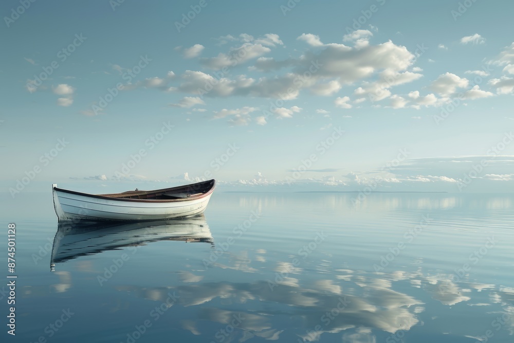 A serene white rowboat floats on mirror-like water, reflecting a calm sky with scattered clouds. The scene exudes tranquility and peace. A serene white rowboat floats on mirror-like water, reflecting a calm sky with scattered clouds. The scene exudes tranquility and peace.