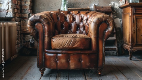 old brown shabby leather armchair ai generated