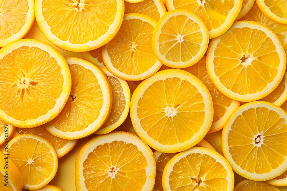 Close-up view of fresh orange slices with water droplets on an orange background. Orange banner. Orange background. Close-up food photography