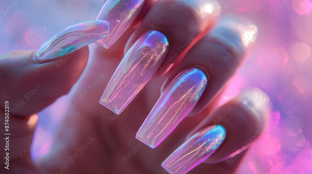 A close up view of a persons nails against a purple backdrop