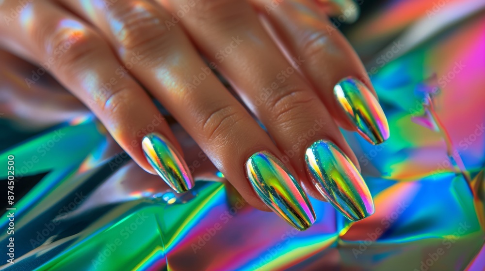Obraz premium CloseUp of Hand with Chrome Rainbow Finish Nails on Reflective Background for Fashion and Beauty Design