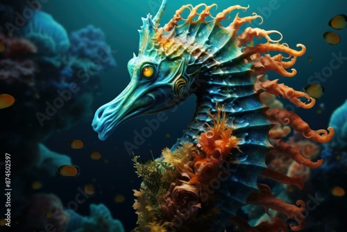 Vibrant digital artwork of a mythical seahorse creature amidst underwater flora and fauna © juliars