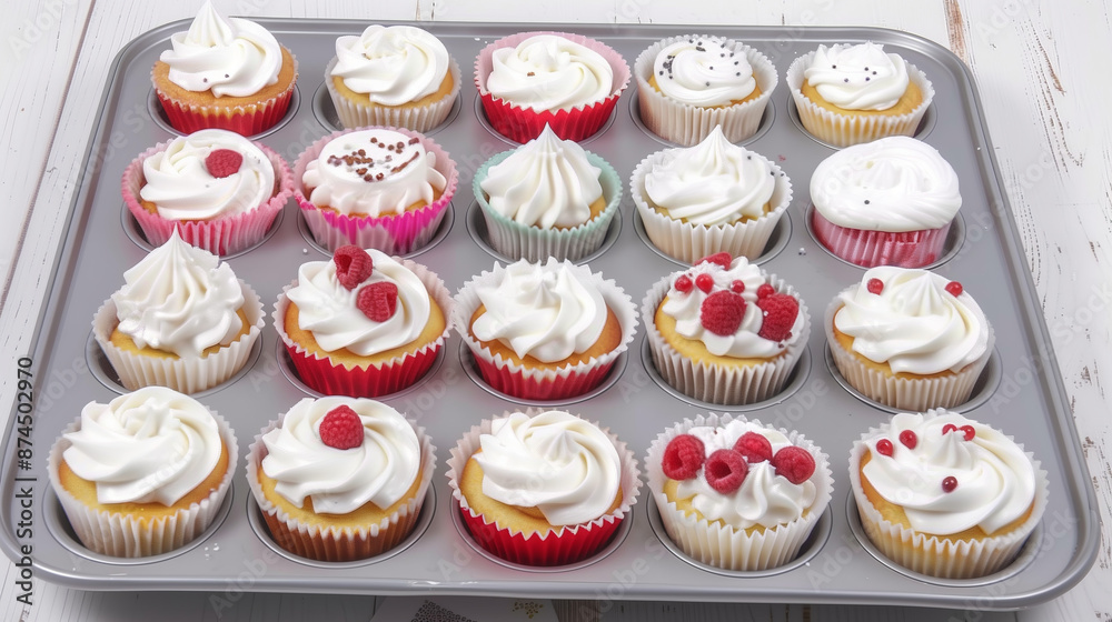 A close-up of various cup-cakes on a studio light background A close-up of various cup-cakes on a studio light background