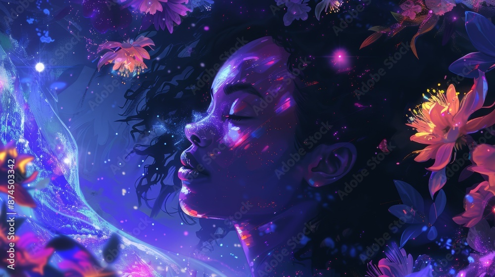 Dreamy Night Scene with Ethereal Female Portrait and Enchanted Flowers Dreamy Night Scene with Ethereal Female Portrait and Enchanted Flowers