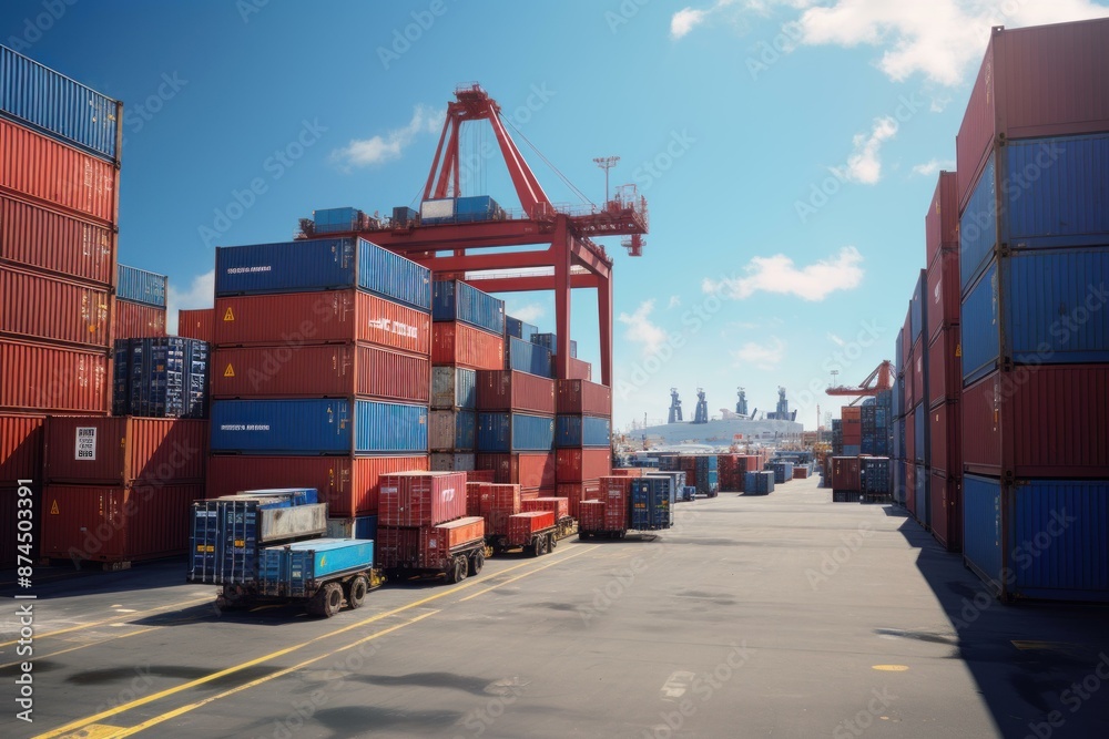 Wide angle view of a vibrant cargo port with stacked containers and cranes on a sunny day Wide angle view of a vibrant cargo port with stacked containers and cranes on a sunny day