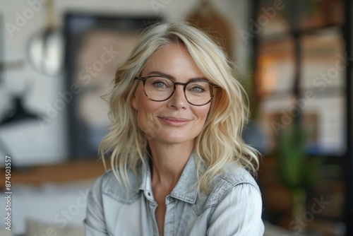 Cheerful beautiful blonde mature woman in trendy eyeglasses and casual shirt looking at camera, smiling, showing white teeth. Happy senior freelance business lady head shot video call, Generative AI