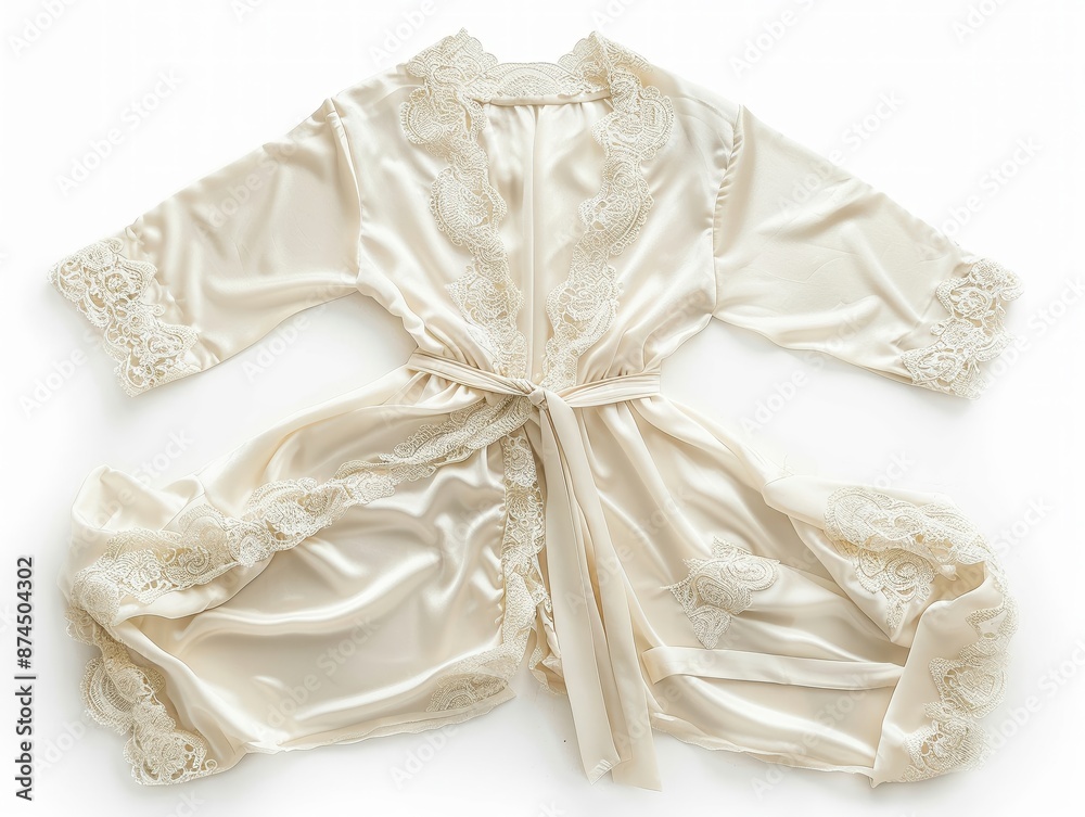 Luxurious bridal robe with lace trim, isolated on a white background, highlighting the fabric and details Luxurious bridal robe with lace trim, isolated on a white background, highlighting the fabric and details