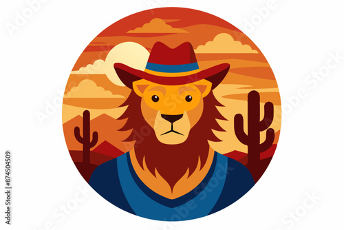 Circle artwork with t-shirt design, lion wearing cowboy hat, Texas desert background, vector illustration