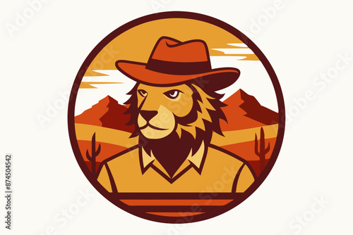 Circle artwork with t-shirt design, lion wearing cowboy hat, Texas desert background, vector illustration