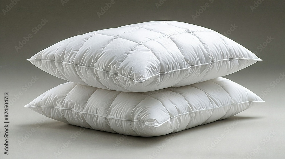 Two pillows stacked on a white tablecloth-covered table against a gray background Two pillows stacked on a white tablecloth-covered table against a gray background