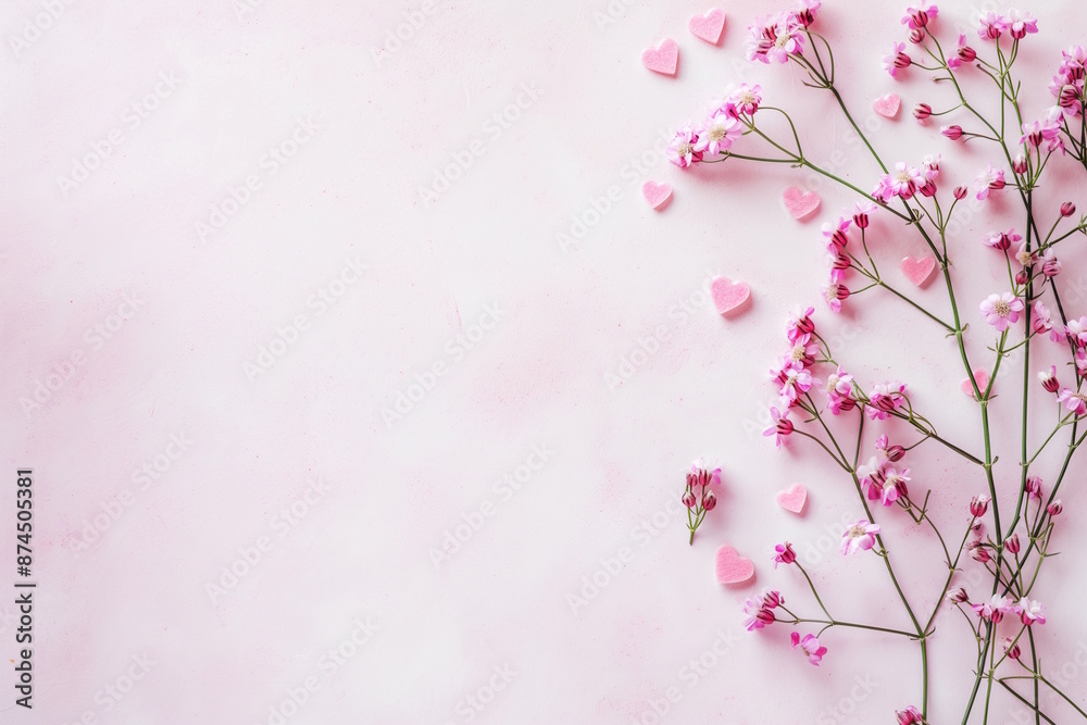 Pink hearts and flowers arranged on a light pink background, creating a delicate and cheerful composition, suitable for Valentine's Day or Girlfriend Day concepts Pink hearts and flowers arranged on a light pink background, creating a delicate and cheerful composition, suitable for Valentine's Day or Girlfriend Day concepts