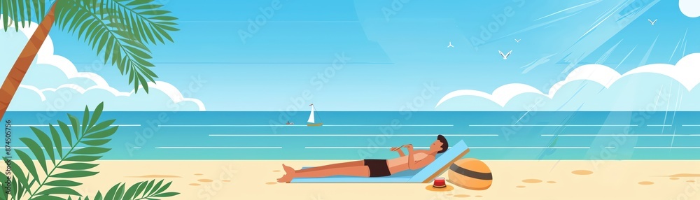 Beach lounging, clear sunny sky, summer enjoyment, flat design illustration Beach lounging, clear sunny sky, summer enjoyment, flat design illustration