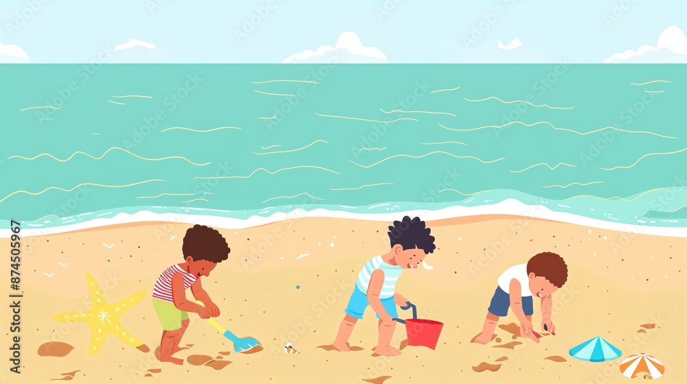 Four children playing on the beach with sand toys. Four children playing on the beach with sand toys.