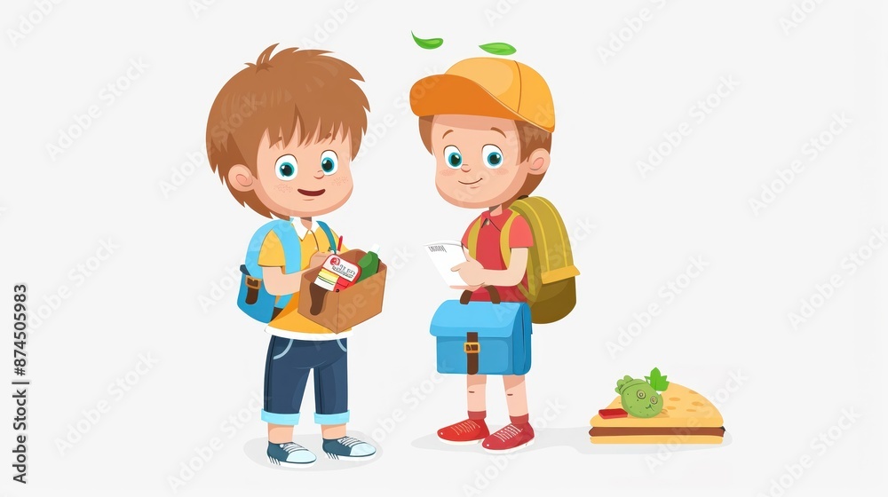 A child with a packed lunchbox, school accessory, detailed illustration, colorful, isolated on white background