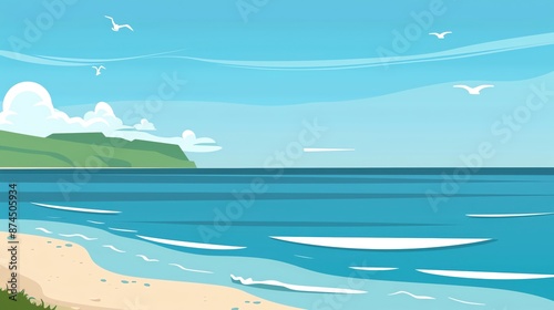 Calm ocean waves crashing on a sandy beach with green hills in the distance.
