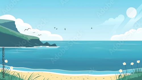 Tranquil seascape with a sandy beach, green cliff, and blue sky.