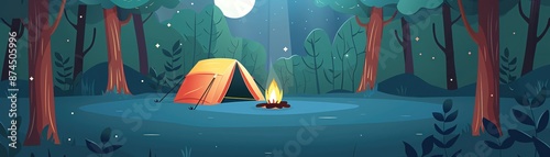 Camping under the moon in a magical forest.