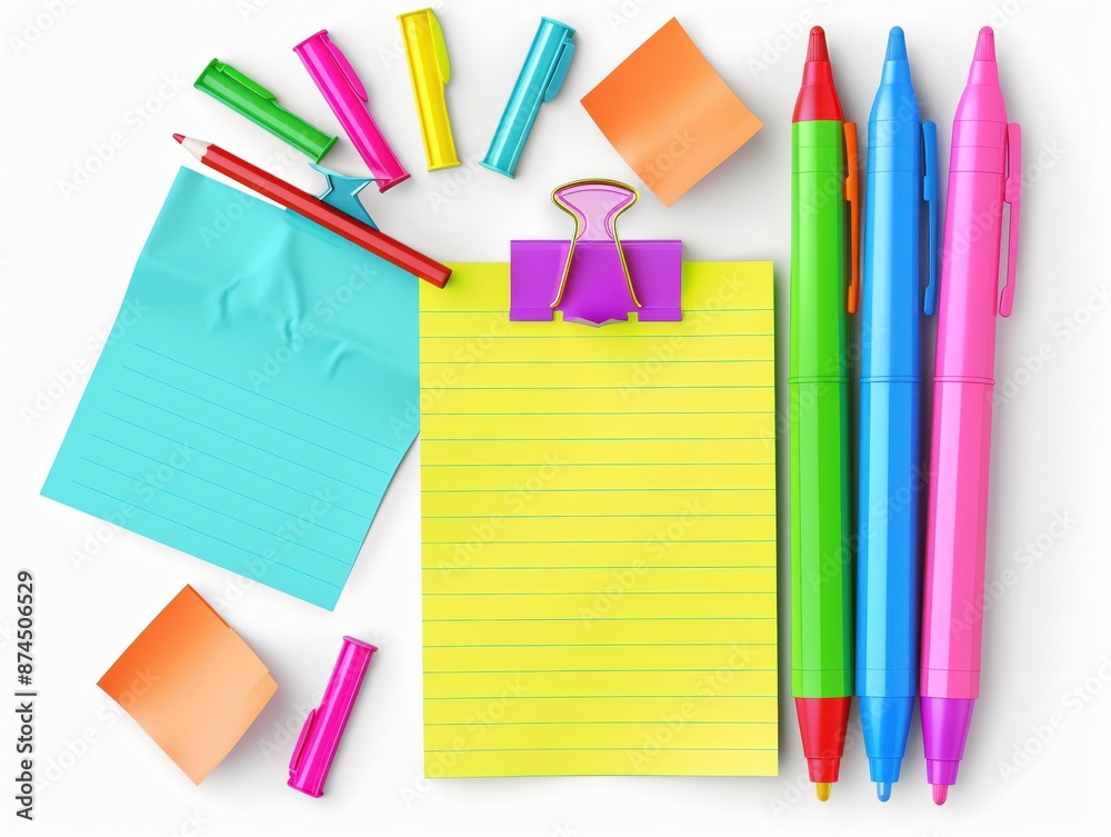 Fototapeta premium A set of sticky notes and highlighters, school supplies, detailed rendering, colorful, isolated on white background