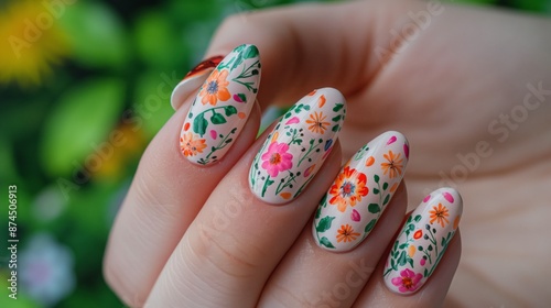 Detailed CloseUp of Hand with Floral Water Decals on Nails, Featuring Colorful Flower Design for Manicure, Nail Art Inspiration