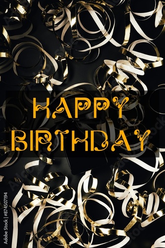 Orange Colour Happy Birthday with Too Many White and Black Ribbons Art Background