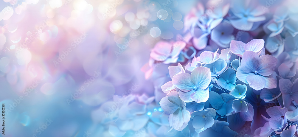 hydrangea flowers in light impressionist oil painting style. Light blue and light purple Hydrangea flowers in full bloom, in the garden design hydrangea flowers in light impressionist oil painting style. Light blue and light purple Hydrangea flowers in full bloom, in the garden design