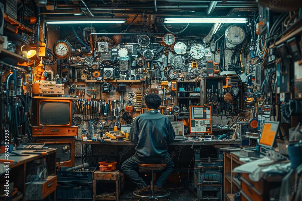 An inventor in a cluttered workshop, bringing ideas to life. Concept of innovation and creativity. Generative Ai. An inventor in a cluttered workshop, bringing ideas to life. Concept of innovation and creativity. Generative Ai.