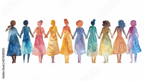 Watercolor diverse women holding hands, International Day of Elimination of Violence Against Women, unity and strength photo