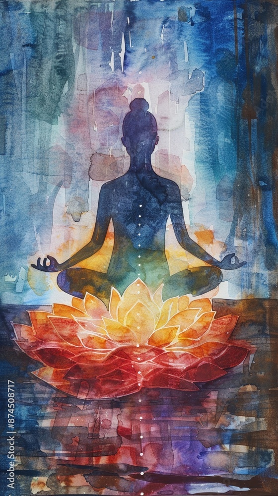 Naklejka premium Watercolor woman in lotus pose with light, International Day of Elimination of Violence Against Women, peace and empowerment