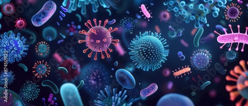 The microscopic world of viruses and bacteria is brought to life in a captivating cyber banner with copy space © Sweettymojidesign