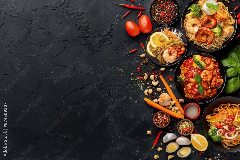 The rich flavors of Laab, Yam Nua, and Pad See Ew explode in a colorful Thai food banner with copy space The rich flavors of Laab, Yam Nua, and Pad See Ew explode in a colorful Thai food banner with copy space