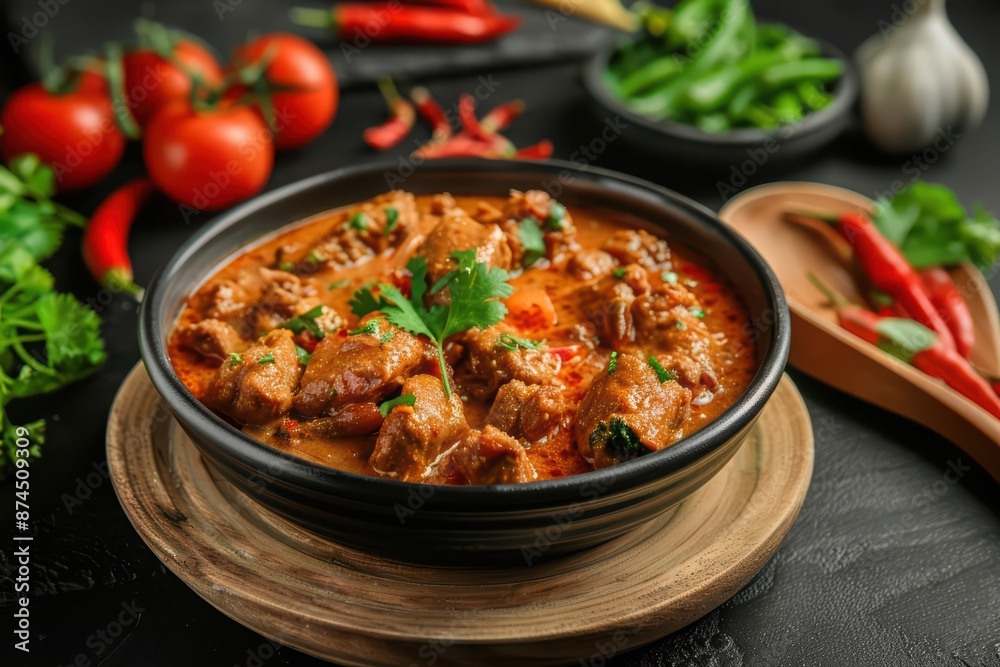 The rich and diverse flavors of Thai food from Massaman Curry create a dynamic explosion with copy space The rich and diverse flavors of Thai food from Massaman Curry create a dynamic explosion with copy space
