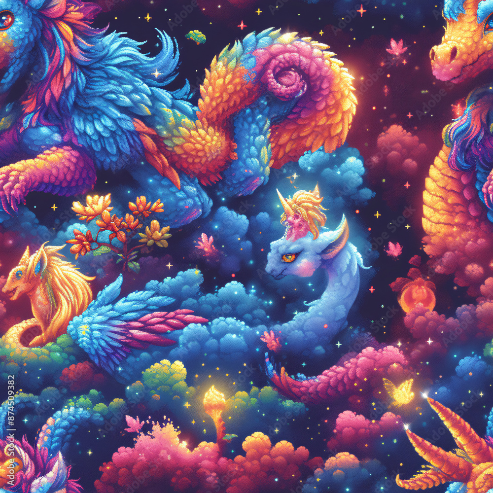 Pixel art pattern of fantastic creatures, with dragons, unicorns and fairies, with vivid and magical colors (tile) Pixel art pattern of fantastic creatures, with dragons, unicorns and fairies, with vivid and magical colors (tile)