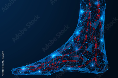 Blood vessels of the human ankle. Polygonal design of interconnected lines and dots.