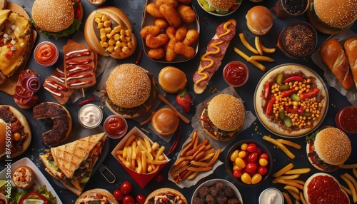 The ultimate American fast food feast explodes with bold flavors and vibrant colors with copy space photo