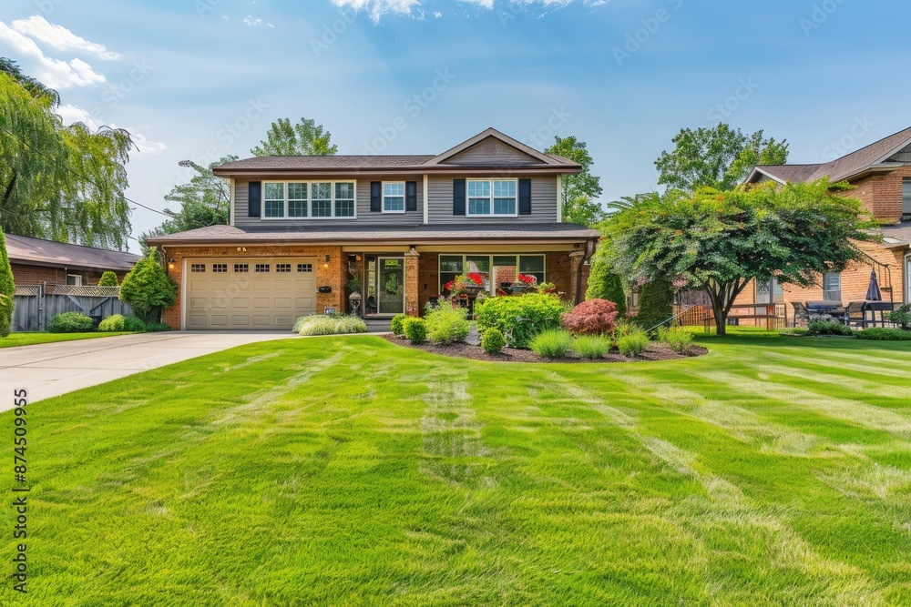 Beautiful modern house exterior with grass field Modern residential district Beautiful modern house exterior with grass field Modern residential district