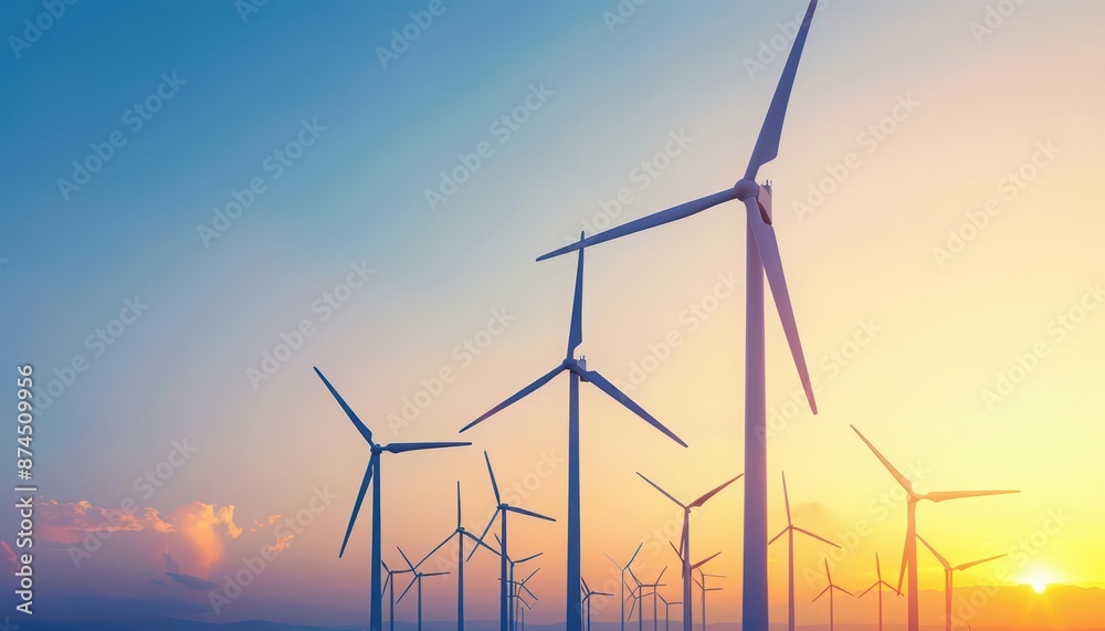 Fototapeta premium Wind turbines spin gracefully, symbolizing the shift to sustainable energy sources with copy space