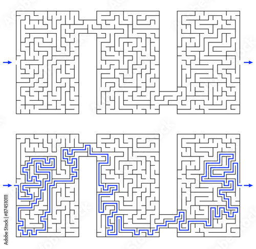 Vector labyrinth composed of 3 connected vertical rectangular mazes. Black and white riddle with entry and exit. Find the way through labyrinth puzzle. Medium level difficulty game for childrens.