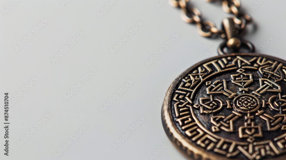 Intricately designed bronze pendant with chain on white background Intricately designed bronze pendant with chain on white background