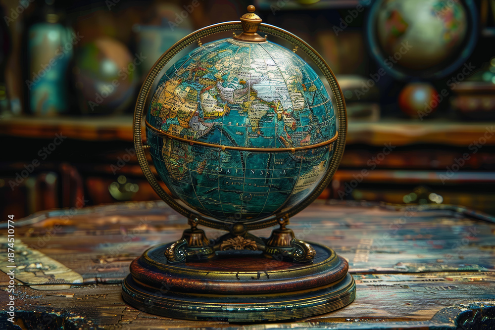 An antique globe showing ancient trade routes and empires. Concept of exploration and history. Generative Ai.