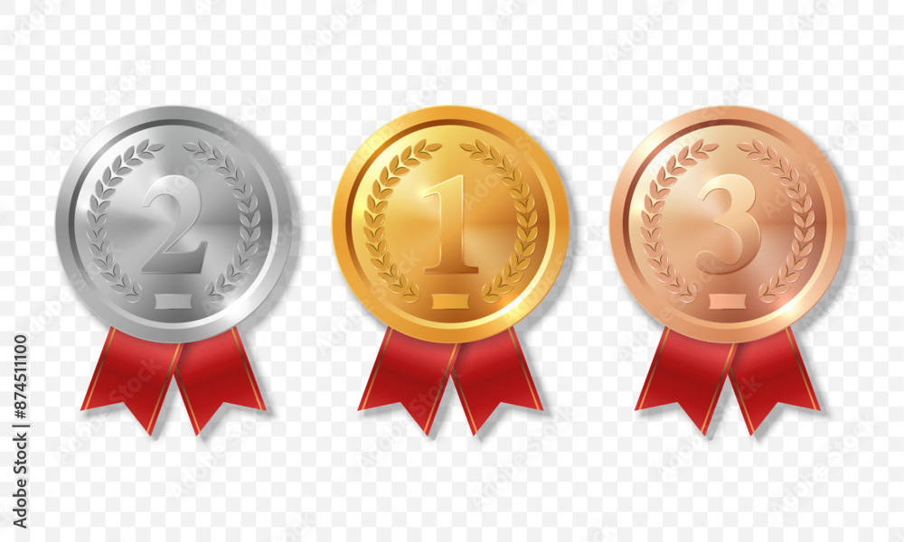 Vector 3d Realistic Blank Golden, Silver and Bronze Award Medal with Red Ribbons Set, Closeup, Isolated. Design Template for Certificates, Awards. Front View Vector 3d Realistic Blank Golden, Silver and Bronze Award Medal with Red Ribbons Set, Closeup, Isolated. Design Template for Certificates, Awards. Front View