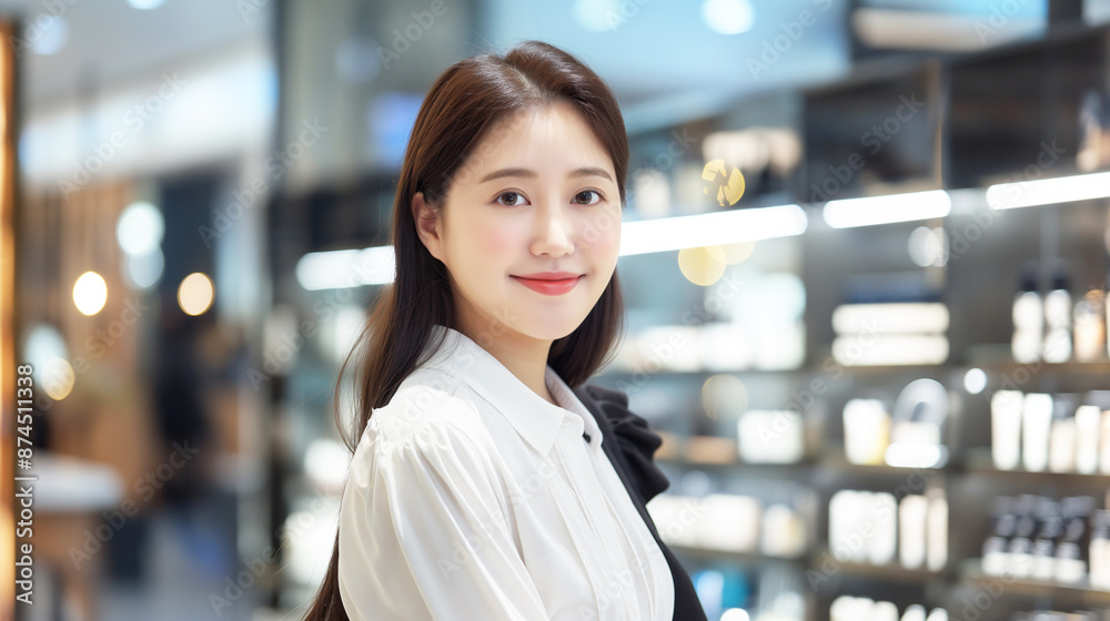 Beautiful Asian, Korean woman is a seller of natural cosmetics in a modern luxury cosmetics store. Beauty industry concept. Beautiful Asian, Korean woman is a seller of natural cosmetics in a modern luxury cosmetics store. Beauty industry concept.