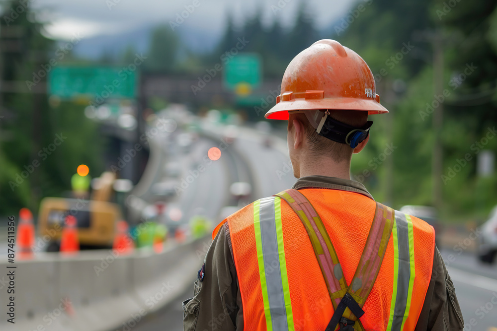 A man in a yellow vest stands on a road with orange and white barriers, generative ai image. A man in a yellow vest stands on a road with orange and white barriers, generative ai image.