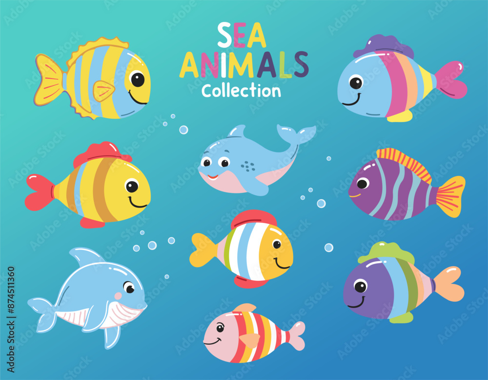 Set of cute cartoon fishes. Wild marine animals. Inhabitants of the sea. Flat cartoon underwater scene with sea life