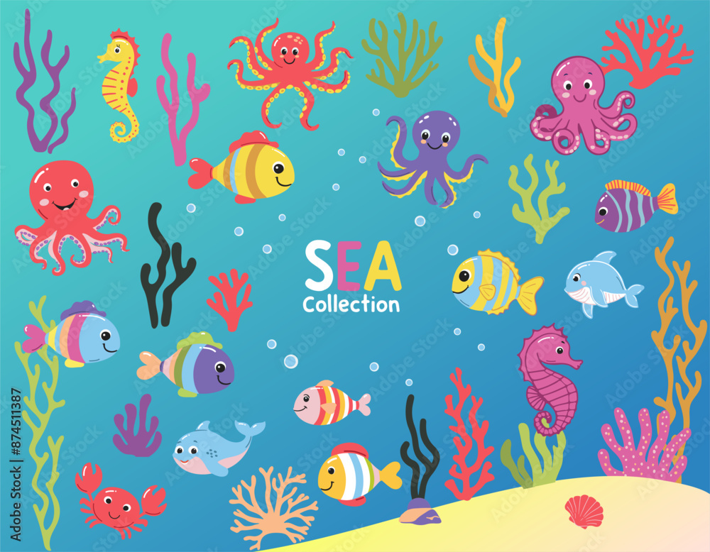 Obraz premium Set of wild marine animals. Inhabitants of the sea, cute crab, octopus, seahorse. Flat cartoon underwater scene with sea life