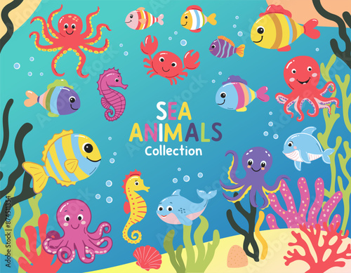 Set of wild marine animals. Inhabitants of the sea, cute crab, octopus, seahorse. Flat cartoon underwater scene with sea life