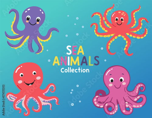 Octopus set. Set of wild marine animals. Cute octopus. Inhabitants of the sea. Flat cartoon underwater scene