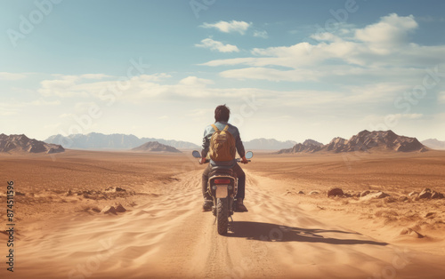 Wallpaper Mural A motorcycle rider traverses a dusty desert trail surrounded by rugged mountains. Torontodigital.ca