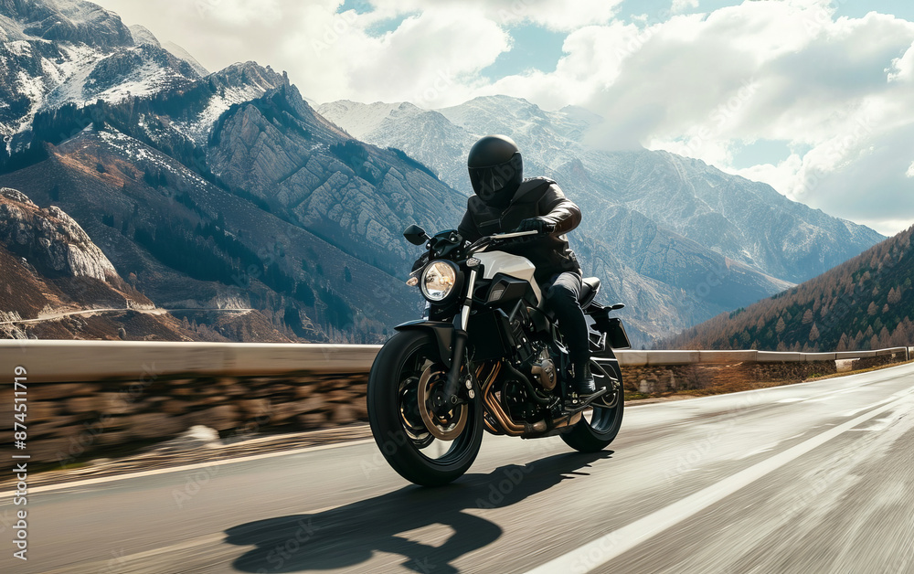 A motorcyclist enjoys a thrilling ride down a scenic mountain road. A motorcyclist enjoys a thrilling ride down a scenic mountain road.