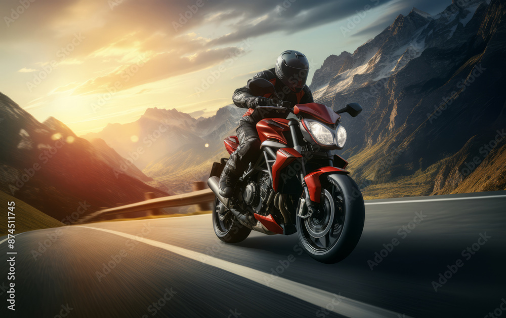 A motorcyclist enjoys a thrilling ride down a scenic mountain road. A motorcyclist enjoys a thrilling ride down a scenic mountain road.