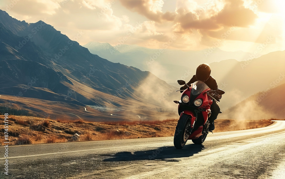 A motorcyclist enjoys a thrilling ride down a scenic mountain road. A motorcyclist enjoys a thrilling ride down a scenic mountain road.